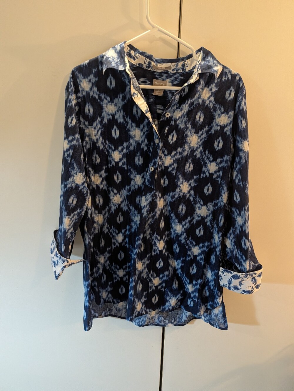 Chico's Woman's Size 2  Navy and White  Button-Down Shirt